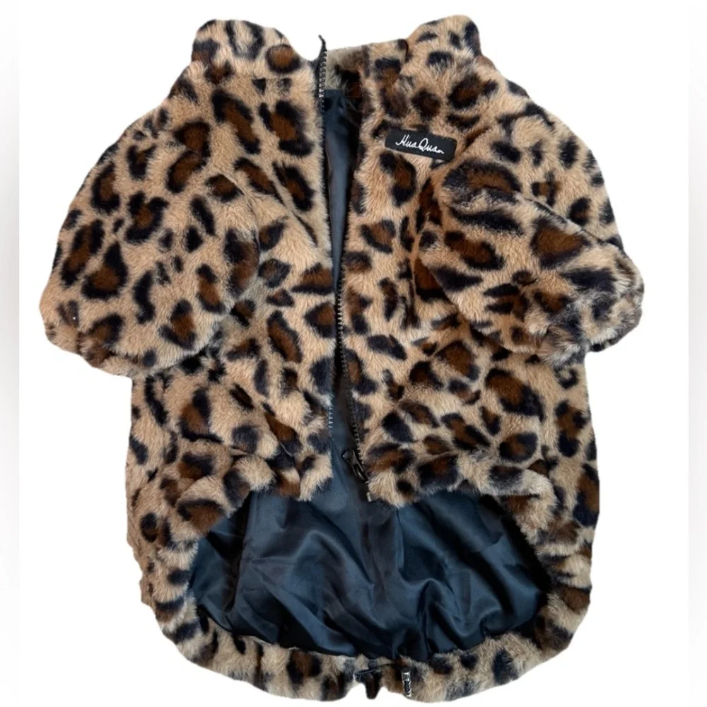 Dog Jacket FluffyCheetah Print Silk Lined Zipper Small/Medium Size Dog Coat